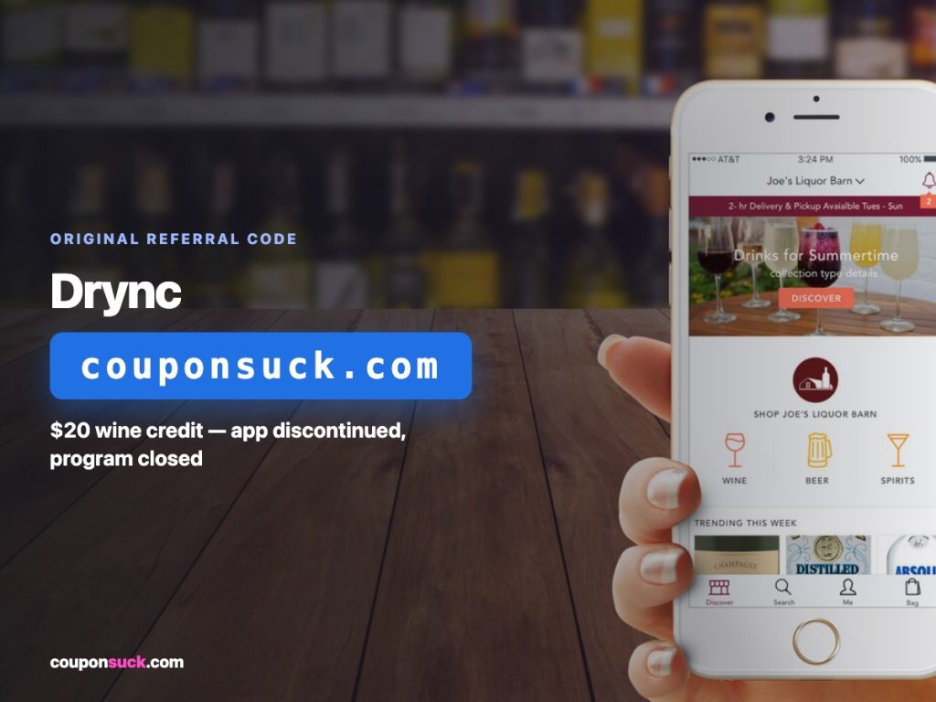 Drync — original $20 wine credit referral (app discontinued, program closed)