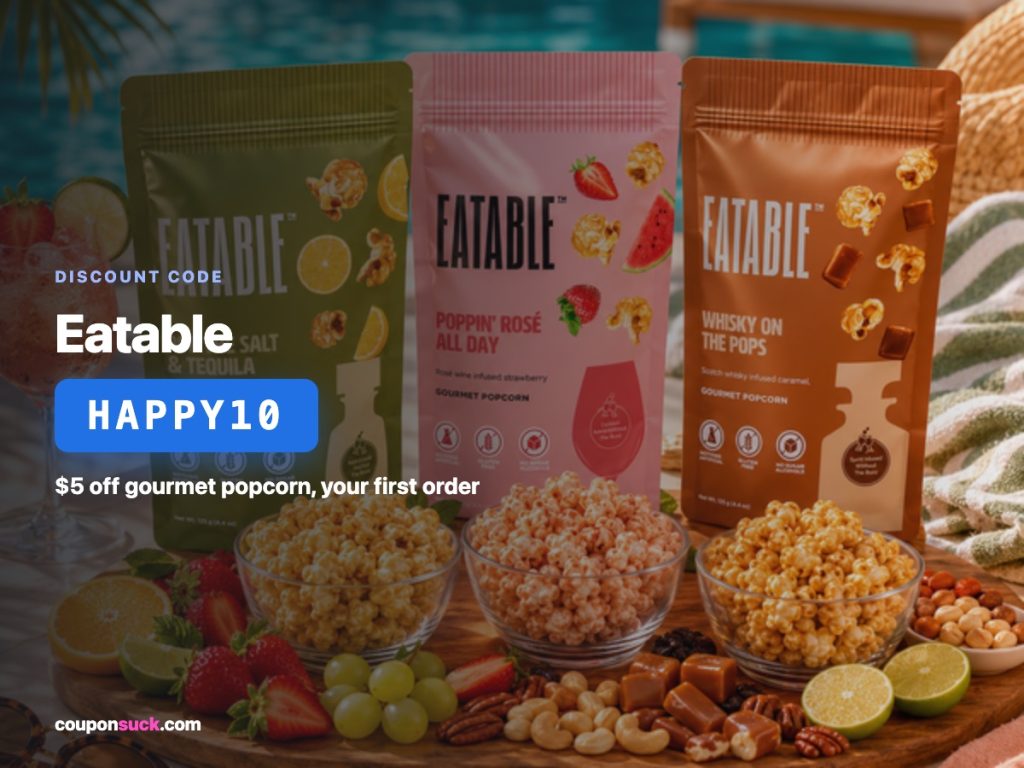 eatable discount code HAPPY10 — $5 off gourmet popcorn, your first order