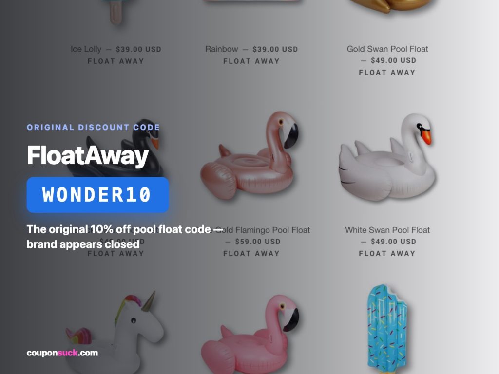 floataway store discount code wonder10 — the original 10% off pool float code, brand appears closed