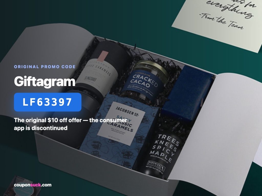 Giftagram promo code LF63397 — the original $10 off offer, consumer app discontinued