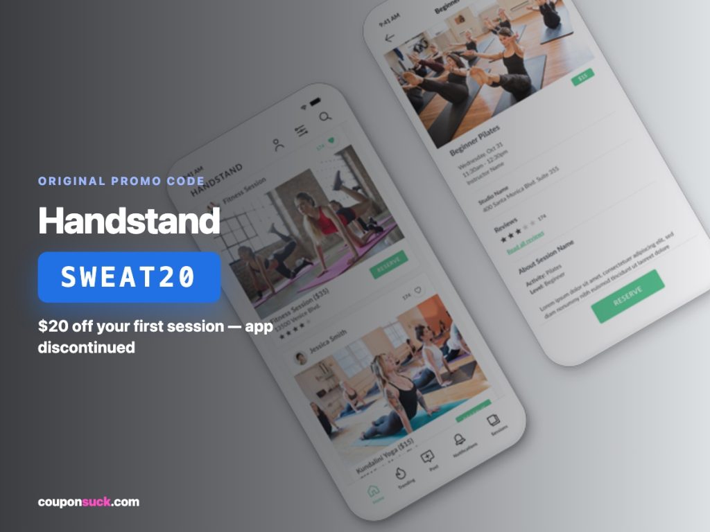 Handstand promo code SWEAT20 — $20 off your first session (app discontinued)