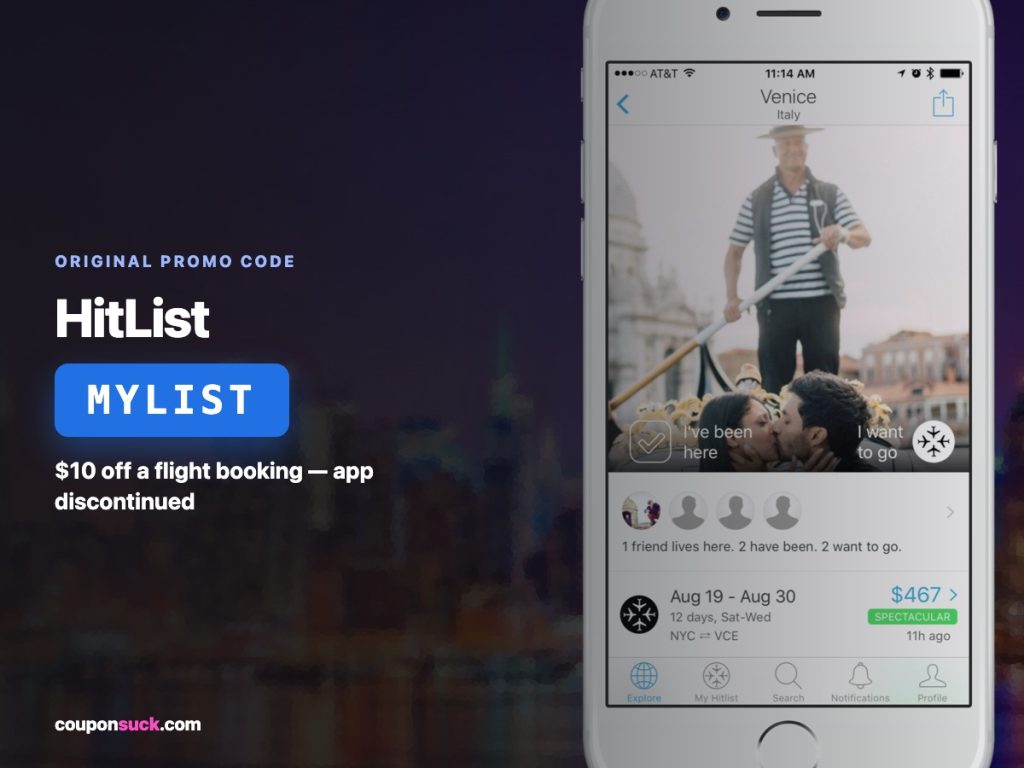 HitList promo code MYLIST — $10 off a flight booking (app discontinued)