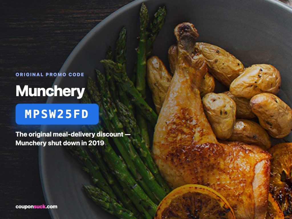 Munchery promo code MPSW25FD — the original meal-delivery discount, Munchery shut down in 2019
