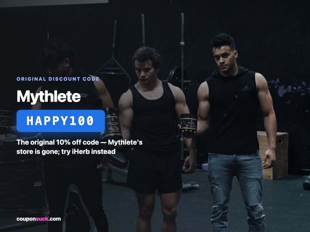 mythlete discount code HAPPY100 — the original 10% off code, Mythlete's store is gone