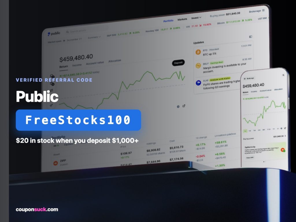 Public referral code FreeStocks100 — $20 in stock when you deposit $1,000+