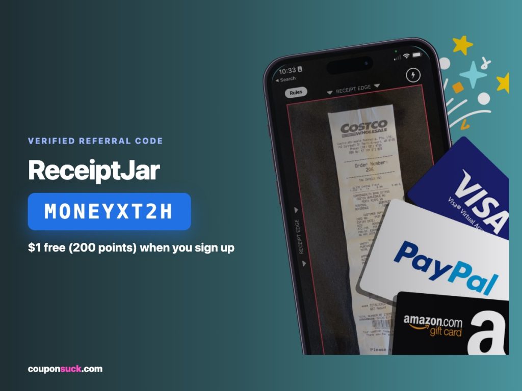 ReceiptJar referral code MONEYXT2H — $1 free (200 points) when you sign up