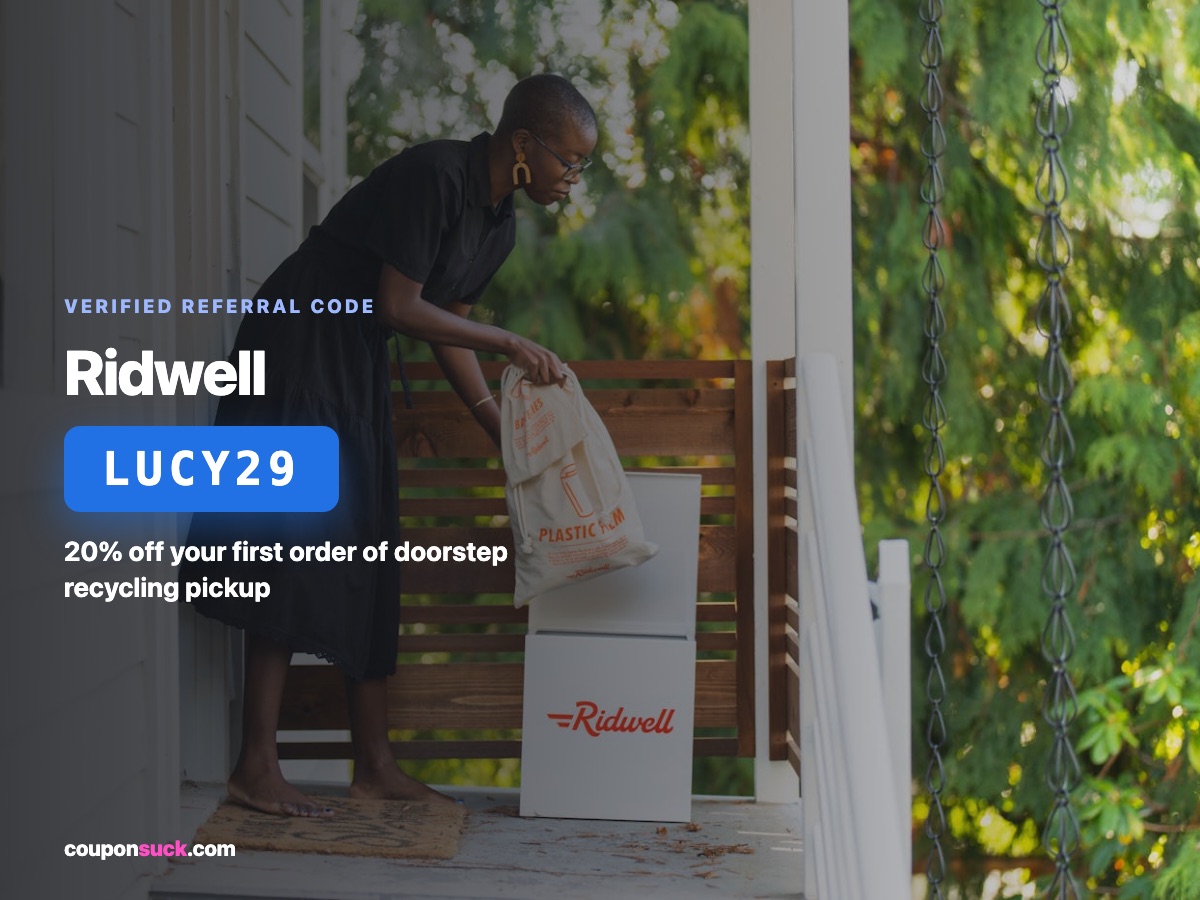 Ridwell promo code LUCY29 — 20% off your first doorstep recycling pickup order