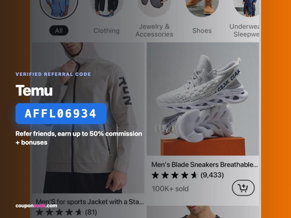 temu affiliate referral code AFFL06934 — refer friends, earn up to 50% commission plus bonuses