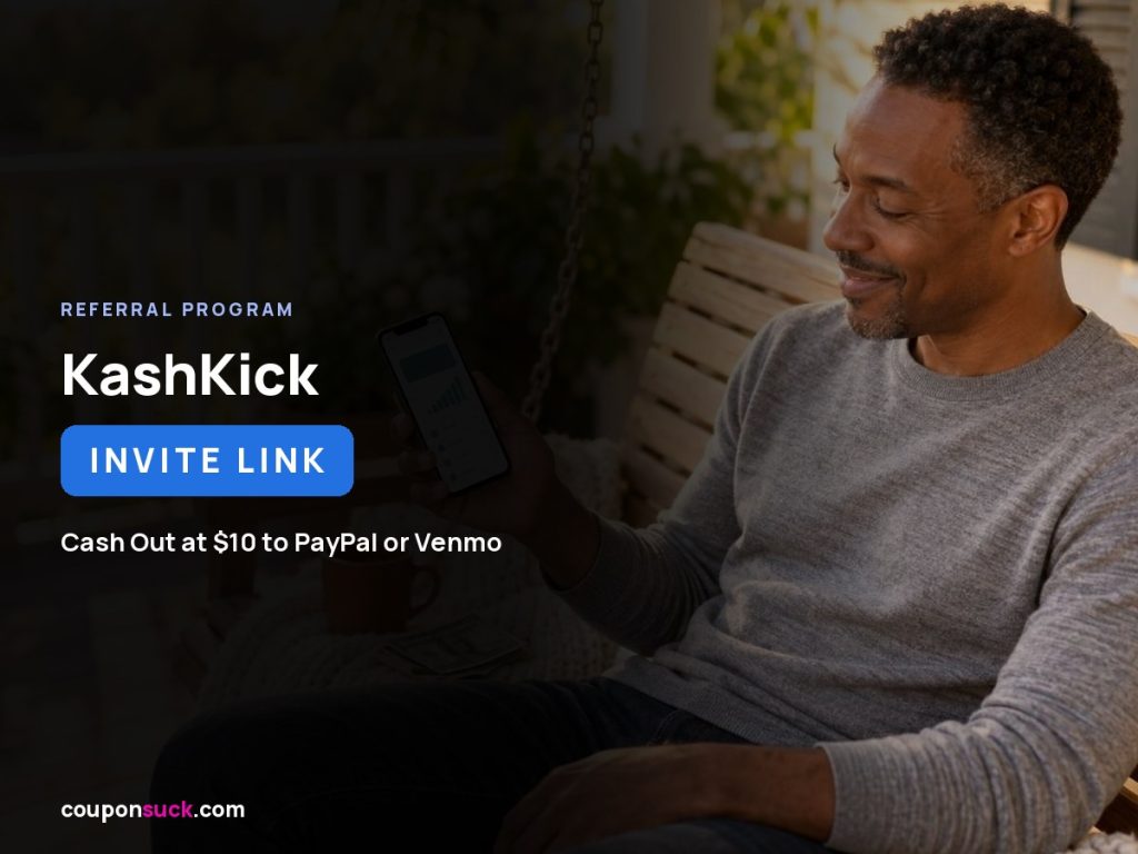 KashKick referral program card: join through an invite link and cash out at $10 to PayPal or Venmo
