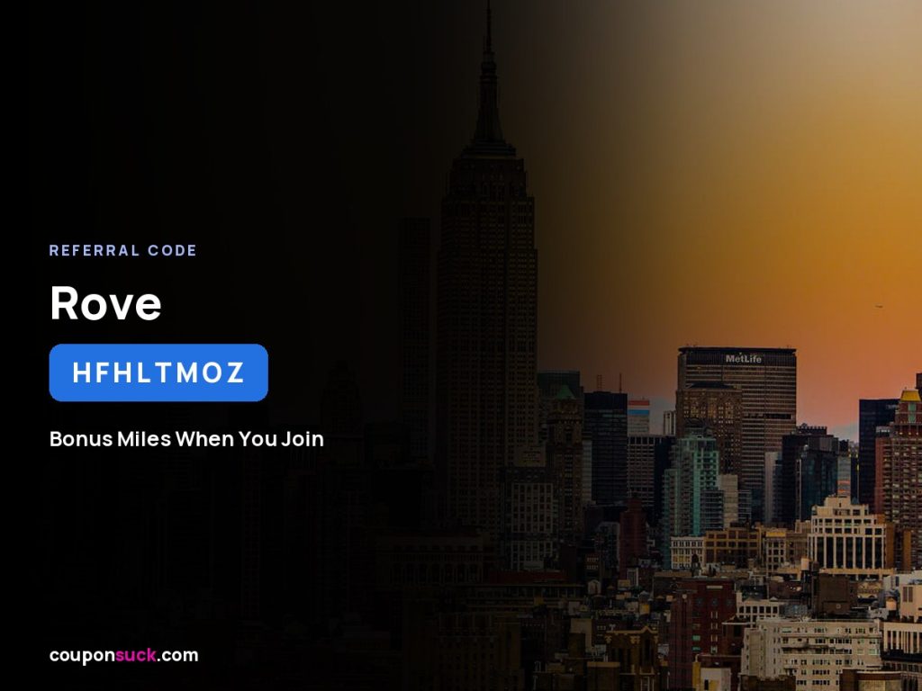 Rove referral code HFHLTMOZ card over the New York skyline: bonus miles when you join